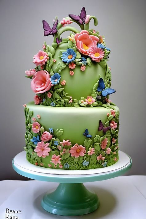 By Rejane R. Cake Artwork, Happy Birthday Flower Cake, Fairy Birthday Cake, Cake Decoration Ideas, Birthday Cake Decorating Ideas, Garden Cake, Fantasy Cake, Fantasy Garden, Colorful Desserts