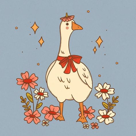 Cute Geese Drawing, Fancy Duck Drawing, Geese Paintings Art, Goose Cartoon Cute, Duck With Flower On Head, Cute Goose Illustration, Goose Art Illustrations, Christmas Goose Drawing, Goose Illustration Cute