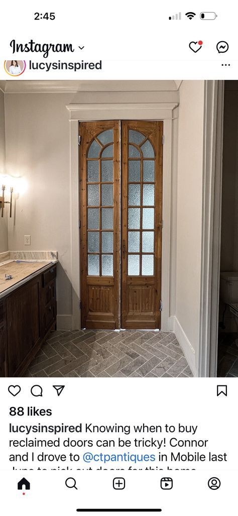 Antique French Doors Bathroom, French Doors To Master Bath, Master Bath Doors, French Doors To Bathroom, Double Bathroom Doors, French Door Bathroom, French Doors Bathroom, Bathroom French Doors, Antique French Doors