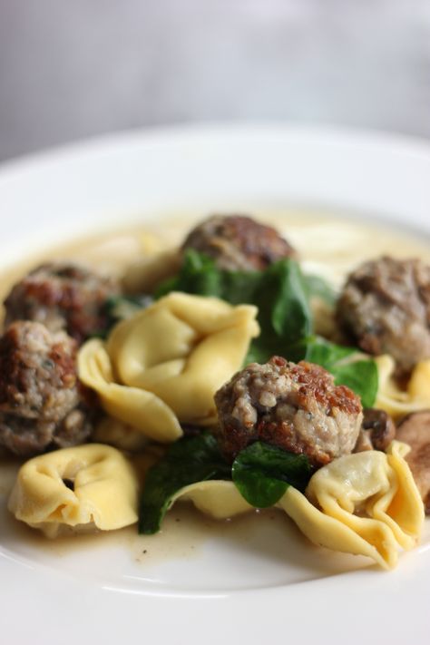 Sausage Meatballs and Tortellini Meatballs And Tortellini, Meatball Tortellini, Meatball Tortellini Soup, Tortellini Recipe, Spinach Bread, Sausage Meatballs, Tortellini Recipes, Wedding Soup, Meatball Soup