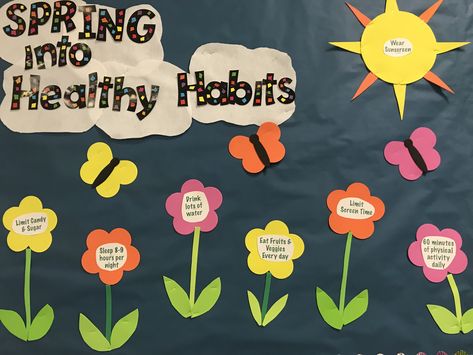 Spring Nurse Bulletin Boards, April Bulletin Board Ideas College, Spring Bulletin Board Ideas For Work, Health And Wellness Bulletin Boards, Testing Bulletin Boards, Staff Bulletin Boards, Floral Classroom, Physical Education Bulletin Boards, April Bulletin Boards