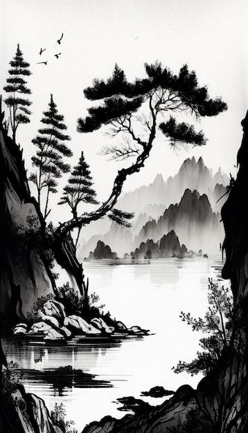 Black Ink Painting, Volcano Drawing, Bamboo Tattoo, Asian Landscape, Chinese Landscape Painting, Japanese Art Prints, Marvel Artwork, Tinta China, Chinese Landscape