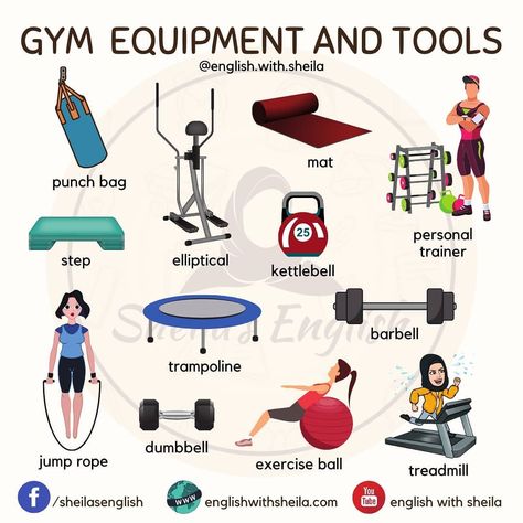 Sheila's English on Instagram: “Gym Equipment & Tools in English 😀 LIKE ❤  SAVE 🔖  COMMENT 🔥and TAG your friends and let them know 😸 . Follow @english.with.sheila for more…” Gym Vocabulary, Canada Money, Sport English, English For Students, English Speech, Study English Language, English Learning Books, English Teaching Materials, English Teaching Resources