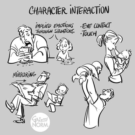 uesday Tips - Character Interaction  It's hard enough to draw and pose single characters, a whole new set of problem-solving comes around Character Drawing Exercises, Character Design Exercises, Interaction Drawing, Tuesday Tips Griz And Norm, Storyboard Exercise, Storyboard Characters, Characters Interacting, Character Interaction, Tuesday Tips