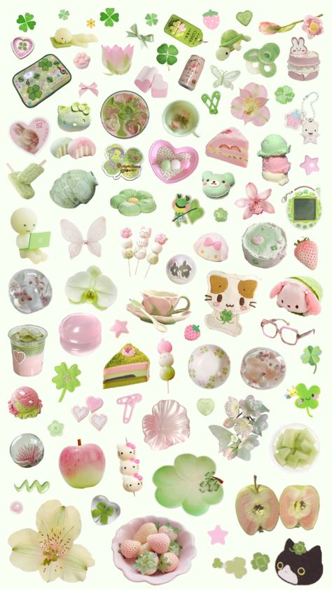 #greenaesthetic #green #pink #bubblegum #matcha #collage #cute #clover Pink And Green Wallpaper, Clear Phone Case Design, Pink Bubblegum, Printable Sticker Sheets, Iphone Stickers, Scrapbook Printing, Green Sticker, Scrapbook Stickers Printable, Sticker Template