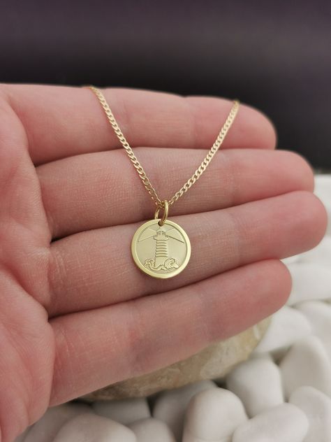 Symbolic Pendant Locket Jewelry, Symbolic Gold Pendant Necklace, Symbolic 14k Gold Pendant Necklace, Gold Pendant Necklace, Symbolic Style, Lighthouse Jewelry, Ocean-inspired Gold Pendant Jewelry, Lighthouse Necklace, Lighthouse Pendant, Second Option