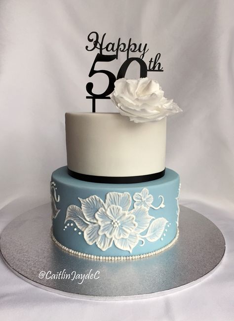 My Mother's 50th Birthday Cake | Delphinium Blue, Brushed Embroidery Flowers Chocolate Raspberry Mud Cake | 50th Cake Topper from www.originalcaketoppers.com @CaitlinJaydeC Birthday Cakes For Older Women, Cakes For Older Women, Bday Cake For Mom, 50th Bday Cake, Brushed Embroidery, Delphinium Blue, Brush Embroidery, 70th Birthday Cake, 50th Cake