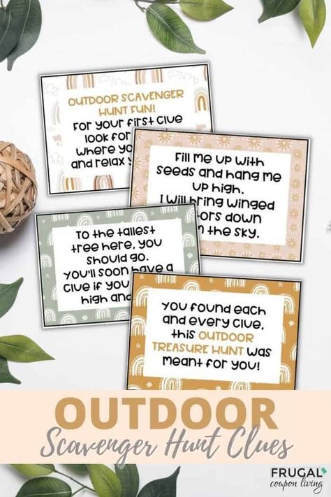 Looking for a fun outdoor scavenger hunt for kids? We’ve got you covered with these fun outdoor activity ideas! Enjoy these 20 Outdoor Scavenger Hunt clue cards with cute, easy rhyming riddles for kids to solve. Have good time with your family and friends solving these outdoor treasure hunt rhyming clues while outside in nature. Instant family fun, use as a backyard party game, neighborhood gathering, family game night, or just because. Scavenger Hunt Ideas For Kids With Clues, Neighborhood Scavenger Hunt Clues, Backyard Scavenger Hunt Clues, Park Scavenger Hunt Clues, Scavenger Hunt Clues For Adults Outdoor, Clue Scavenger Hunt Riddles, Outside Scavenger Hunt Clues, Scavenger Hunt Riddles Outdoor, Rhyming Scavenger Hunt Clues