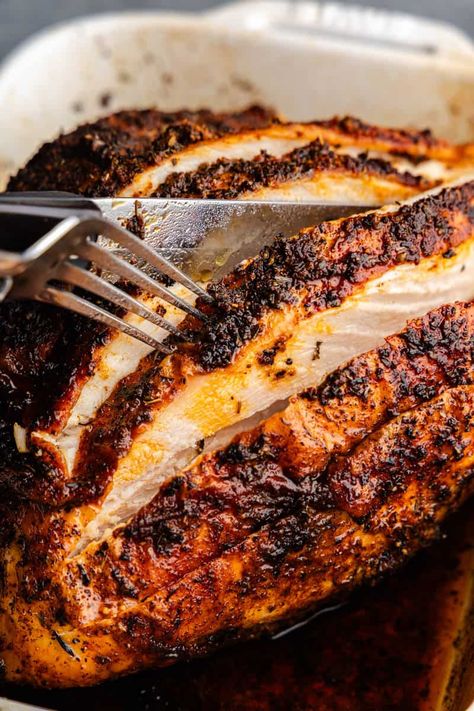 Cajun Roasted Turkey Breast - The Stay At Home Chef Cajun Turkey Breast Recipe, Cajun Roasted Turkey, Easy Roasted Turkey, Cajun Turkey Breast, Cajun Turkey Recipe, Slow Cooker Scalloped Potatoes, Bacon Gravy, Cajun Turkey, Cheese Vegetables