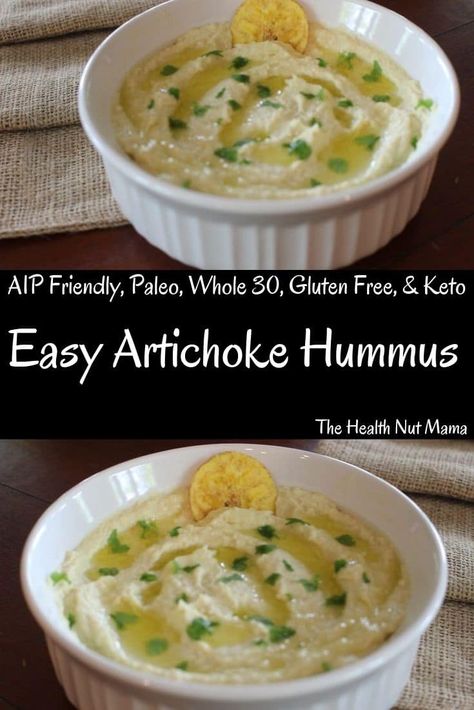 This Easy Artichoke Hummus Dip is so delicious you won't miss traditional hummus! I make this in less than 5 min.  A quick last minute appetizer that your guests will love! It's AIP friendly, Whole 30, Gluten Free, Dairy Free, Bean Free, Low Carb, & Keto friendly. #aipfriendly #paleo #glutenfree #whole30 #keto #easy #appetizer #thehealthnutmama Aip Appetizers, Garlic Artichoke, Artichoke Hummus, Aip Snacks, Paleo Pesto, Autoimmune Protocol Recipes, Aip Snack, Autoimmune Paleo Diet, Autoimmune Recipes