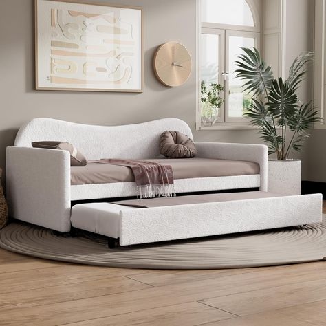 Amazon.com: Cozy Castle Twin Size Daybed with Trundle, Upholstered Sherpa Daybed with Wood Slats Support, Modern Sofa Bed for Living Room, Bedroom, No Box Spring Required, Bed Frame, White : Home & Kitchen Day Bed Living Room Ideas, Pull Out Daybed, Sofa Bed For Bedroom, Daybed In Living Room, Cozy Castle, Bed For Bedroom, Bed Frame Upholstered, Trundle Bed Frame, Parents Bedroom