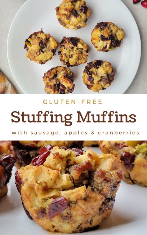 Gluten-Free Stuffing Muffins with Sausage, Apples & Cranberries Stuffin Muffins, Kid Friendly Side Dishes, Stuffing Muffins, Thanksgiving Stuffing Recipe, Gluten Free Stuffing, Stuffing Recipes For Thanksgiving, Classic Thanksgiving, Sage Sausage, Apple Sausage