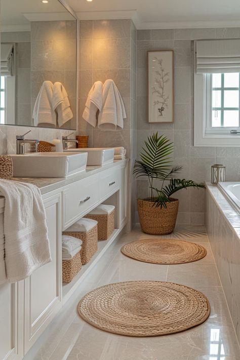 Beach Home Bathroom Ideas, Timeless Coastal Bathroom, Cozy Coastal Bathroom, Beachy Master Bath, Coastal Transitional Bathroom, Modern Coastal Apartment Decor, Modern Aesthetic House Interior, House Inspo Bathroom, Coastal Modern Master Bath