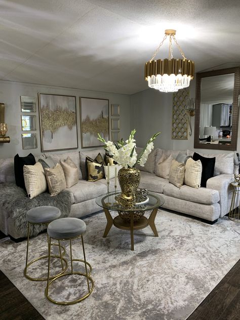 Gray White Taupe Living Room, Grey With Gold Accents Living Room, Cream Silver And Gold Living Room, Grey Brown Gold Living Room, Gray And Brown Living Room Ideas Cozy, Gray Cream And Gold Living Room, Grey Couch Gold Accents, Bohemian Luxury Interior, Gold And Gray Living Room