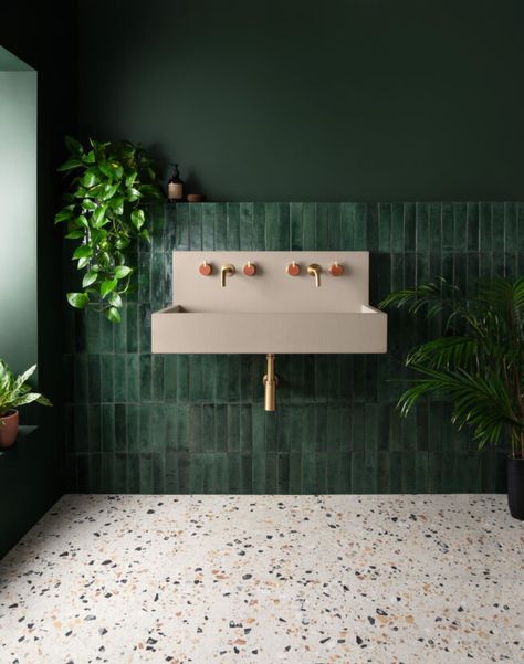 Bottle Green Bathroom, Bottle Green Tiles Fireplace, Big Green Tiles Bathroom, Bottle Green Tiles Kitchen, Green Floor Tiles, Floor Tiles Living Room, Hoxton Bottle Green Tiles, Tile And Wallpaper, Dark Green Metro Tiles Bathroom