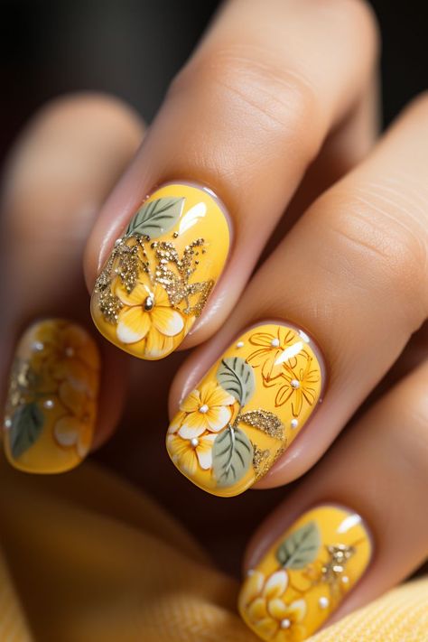 summer nails, yellow color nails, yellow nails, lemon slice designs, citrus-inspired, citrus nails, fruity nail art, summery manicure, vibrant yellow, summer nail trends, fun nail designs, citrusy yellow, flower pattern, flower-themed, yellow nail art, citrus fruit nails, bright yellow, playful nail art, lemonade-inspired manicure, yellow and lemon slice, citrus zest, summertime nails, lemon accents, fresh and fruity, yellow nail polish, lemonade and citrus, citrus slice Yellow Nails Lemon, Nails With Yellow Flowers, Citrus Nails, Nails With Yellow, Summer Nails Yellow, Nails Lemon, Summertime Nails, Citrus Slice, Fun Nail Designs