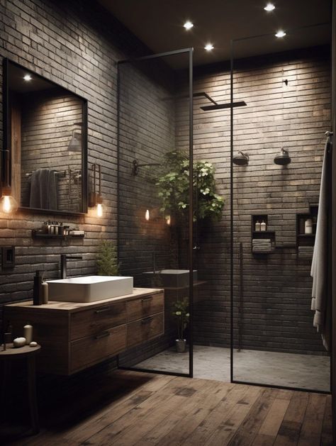 Mountain Modern Bathroom, Exposed Brick Bathroom, Brick Bathroom, Industrial Style Bedroom, Farm Entrance, Safari Outfit, Bathroom Makeovers, Industrial Home Design, Architecture Engineering