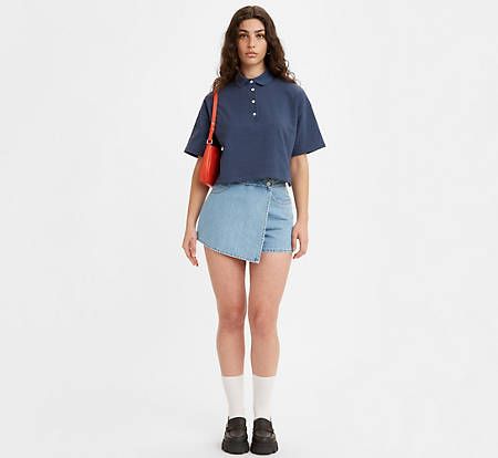 Women's Skort - Light Wash | Levi's® US Long Denim Shorts Outfit, Denim Shorts Outfit Ideas, Denim Mini Skirt Outfit, Shorts Outfit Ideas, Jean Skort, Skort Outfit, Long Denim Shorts, Fall Boots Outfit, Outfit Oversize