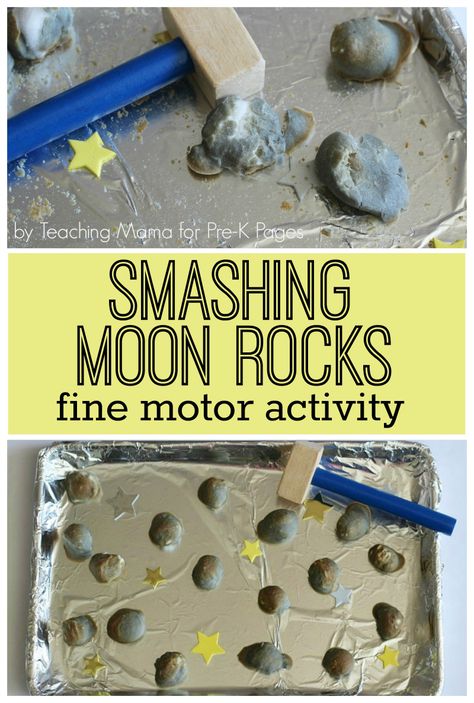 Moon Rocks Fine Motor Activity - fun activity with smashing! Don't know a child who wouldn't love it! Space Activities Preschool, Space Lesson Plans, Planets Activities, Space Theme Preschool, Space Activities For Kids, Moon Activities, Space Lessons, Space Preschool, Space Crafts For Kids