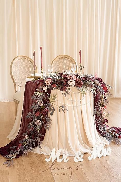 Rose Gold And Burgundy Centerpiece, Table Flower Garland, Burgundy And Grey Wedding, Burgundy Blush Wedding, Vendela Roses, Pink And Burgundy Wedding, Avalanche Rose, Burgundy Wedding Theme, Rose Wedding Theme