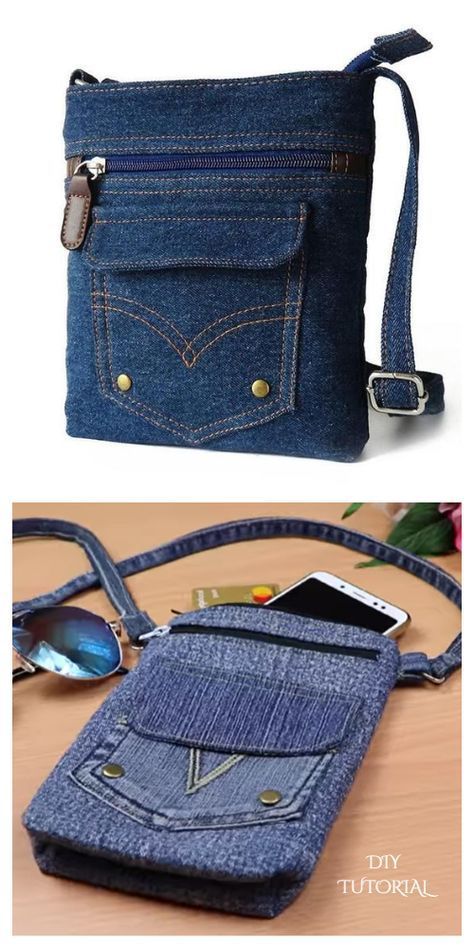 DIY Recycled Jean Cross Body Bag Free Sewing Patterns + Video | Fabric Art DIY Återvinna Jeans, Fabric Art Diy, Tas Denim, Blue Jean Purses, Cross Body Bag Pattern, Recycled Jeans Bag, Projek Menjahit, Denim Bag Diy, Denim Bag Patterns