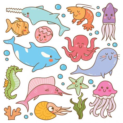 Set of sea animal kawaii doodles | Premium Vector #Freepik #vector #cute-octopus #sea-animals #octopus-cartoon #cartoon-dolphin Templates Animals, Doodles Kawaii, Sea Drawing, Fauna Marina, Sea Animal, Kawaii Doodles, Graphic Editing, Ocean Themes, Sea World