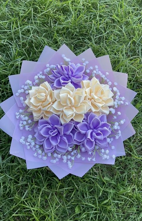 Eternal Flowers Bouquets, Purple Eternal Flower Bouquet, Eternal Flower Bouquet, Forever Flower Bouquets, Satin Flowers Diy, Ribbon Rose Bouquets, Roses Bouquet Gift, Ribbon Flowers Bouquet, Diy Bouquet Wrap