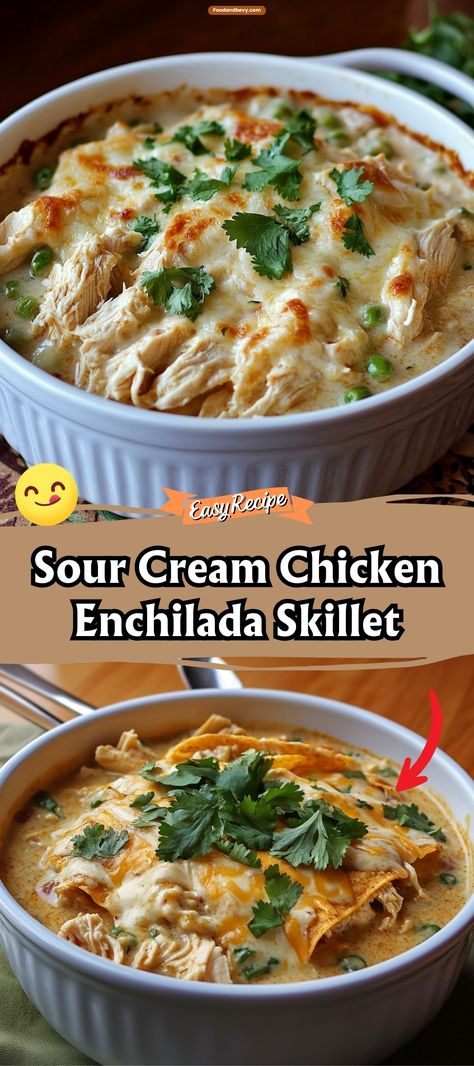 Delight in the creamy richness of the Sour Cream Chicken Enchilada Skillet. This one-pan wonder melds the flavors of tender chicken, tangy sour cream, and mild green enchilada sauce, all topped with melty cheese. It's a quick and satisfying dish that brings the essence of enchiladas to your table without the fuss of rolling. Perfect for a comforting weeknight meal. #ChickenEnchilada #SkilletMeals #EasyDinners Chicken Enchiladas Without Tortillas, Recipes Using Green Enchilada Sauce, Enchiladas With Cream Cheese, Enchilada Skillet Recipe, Creamy Chicken Enchiladas Recipe, Sour Cream Chicken Enchilada Recipe, Enchilada Skillet, Cream Cheese Chicken Enchiladas, Chicken Enchilada Skillet