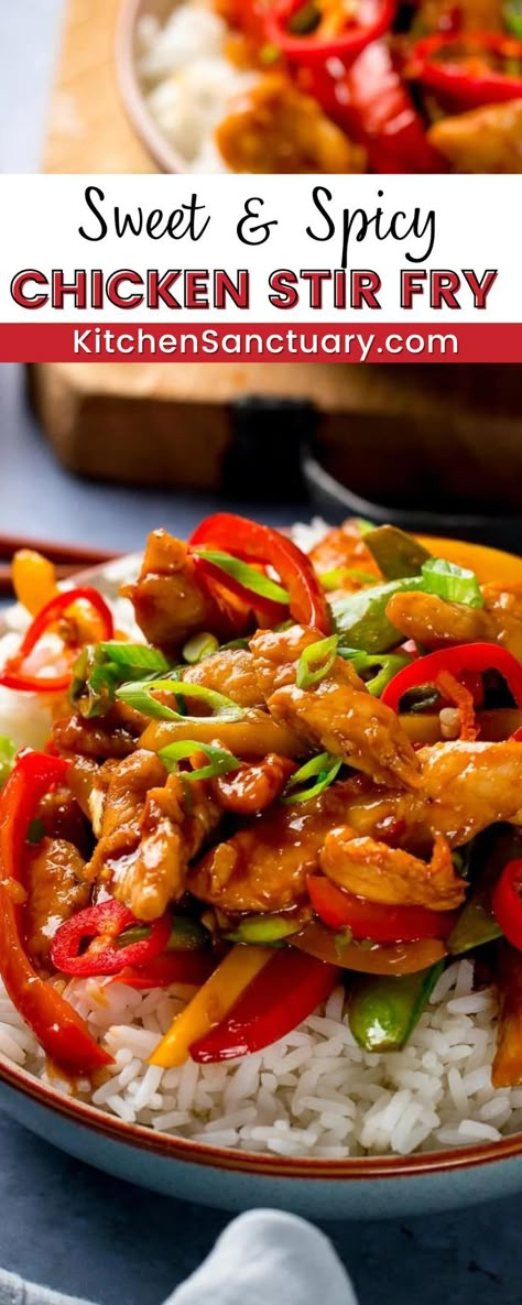 My tasty Sweet & Spicy Chicken Stir Fry - a quick mid-week meal with a kick of chilli heat that you can get on the table in less than 20 minutes! This is a sweet and spicy version – made using sweet chilli sauce, chillies and brown sugar - plus a few other goodies. If you don’t want too much heat, then leave out the fresh chillies – my kids still eat every bite even with a little sweet chilli sauce! Serve with rice or noodles. Quick Chicken Stir Fry, Sweet Spicy Chicken, Sweet Chilli Chicken, Wok Recipes, Homemade Chinese Food, Chinese Chicken Recipes, Sweet And Spicy Chicken, Asian Stir Fry, Spicy Chicken Recipes