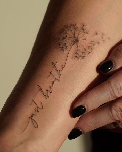 Wrist Dandelion Tattoo, Just Breathe With Dandelion Tattoo, Dandelion Arm Tattoos For Women, Wrist Tattoo For Woman, Just Breathe Finger Tattoo, Just Breathe Wrist Tattoos For Women, Let Them Tattoo With Dandelion, Wishie Tattoo, Just Breathe Wrist Tattoo