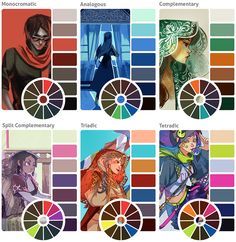 Color Scheme For Characters, Anime Color Theory, Color Schemes Illustration, Cool Color Schemes Art, Art Colour Schemes, Monochromatic Illustration Color Schemes, Analogus Scheme Painting, Color Palettes For Characters, Monochromatic Digital Art