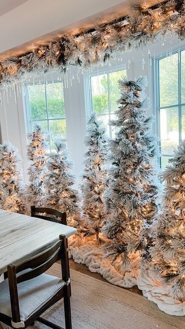 Frosty!!!...❄️❄️❄️❄️❄️via... - South Forty Acres Winter Forest Christmas Tree, Frosty Christmas Decor, Icicle Lights On Christmas Tree, Winter Forest Christmas Decor, Garland On Curtain Rod, Curtain Rod Garland, Christmas Forest Wonderland, Christmas Backyard, Christmas Curtain Lights