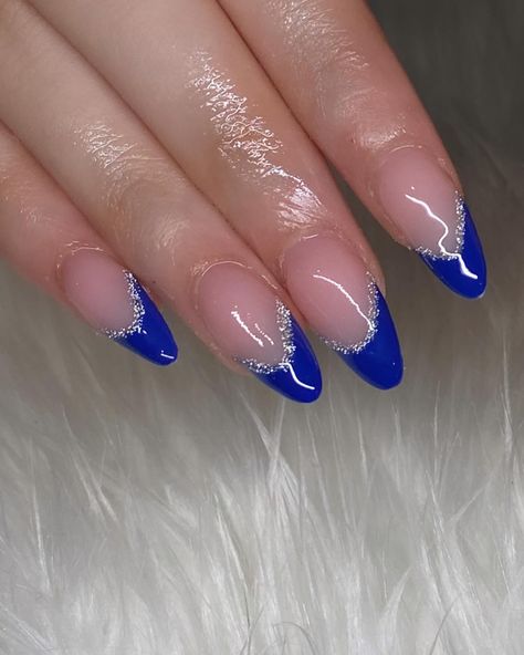 cinderella vibes 👠✨ • follow @nailsbyovalle for more nail inspo 🎀 • - - - - - - - #nails #almondnails #acrylicnails #frenchtipnails #frenchtips #naildesign #simplenails #explore #bluenails #exploremore #explorepage Navy Blue French Tips Almond, Rod Wave Concert Nails, Blue And Silver French Tips, Navy Blue French Tip Nails Almond Short, Blue French Tip Nails Almond, Royal Blue And Gold Nails, Royal Blue Prom Nails, Royal Blue Nails Designs, Concert Nails