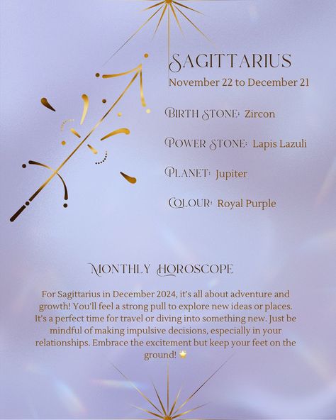 The wonderful Month of .. 𝐓𝐡𝐞 𝐒𝐚𝐠𝐢𝐭𝐭𝐚𝐫𝐢𝐮𝐬 🏹 Everything every Zodiac sign needs to know for this years Sagittarius month ♐️💜 Stay Safe, Stay Wild, Be Free 🏹 For Sagittarius in December 2024, it’s all about adventure and growth! You’ll feel a strong pull to explore new ideas or places. It’s a perfect time for travel or diving into something new. Just be mindful of making impulsive decisions, especially in your relationships. Embrace the excitement but keep your feet on the ground! 🌟 #sagitt... Sagittarius Month, Impulsive Decisions, Horoscope Sagittarius, Power Stone, December 2024, Stay Wild, Stay Safe, Zodiac Sign, Zodiac Signs