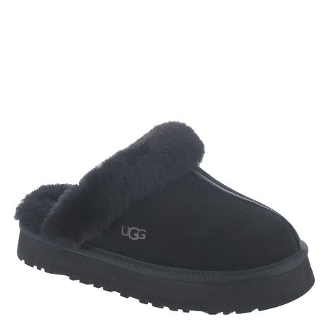 PRICES MAY VARY. Suede upper Sheepskin collar 10mm sheepskin lining and insole EVA outsole 1" platform height Black Platform Uggs, Uggs Slippers Black, Cute Slippers Women, Baddies Hairstyle, Uggs Aesthetic, Uggs Slippers, Black Ugg Slippers, 20th Bday, Cute Uggs