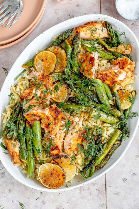 Salmon And Orzo Recipe, Salmon Orzo Recipe, Salmon And Orzo, Salmon Orzo, Harissa Salmon, Salmon With Asparagus, Orzo Dishes, Orzo Recipe, Lemon Tahini Dressing