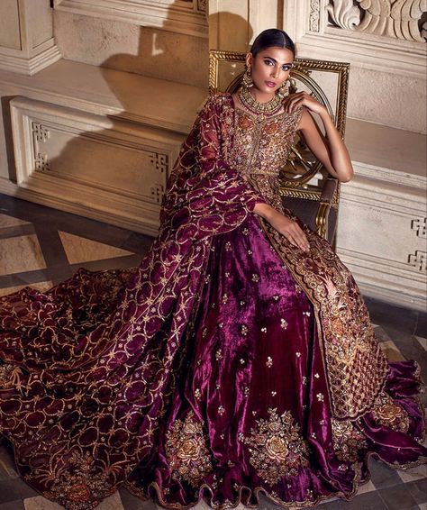 Reception Dress Aesthetic, Plum Wedding Dresses, Bridal Dresses Ideas, Bridesmaid Outfits, Floral Dresses With Sleeves, Pakistani Bridal Dress, Walima Dress, Red Bridal Dress, Purple Wedding Dress