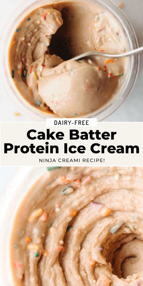 Creami Protein Ice Cream, Cake Batter Protein, Ninja Ice Cream Recipe, Protein Ice Cream Recipe, Feasting On Fruit, Protein Ice Cream Recipes, Dairy Free Protein, Vegan Ice Cream Recipe, Dairy Free Cake