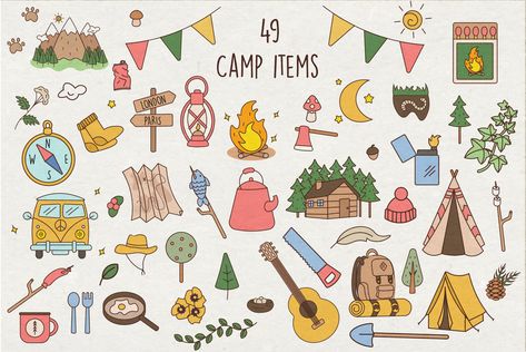 Cute Camping Doodles Vector Graphics by Vibérains on @creativemarket Camping Doodles, Camping Clip Art, Simple Camping, Cute Forest Animals, Cute Camping, Animals Stickers, Cute Forest, Icon Design Inspiration, Wood Animal