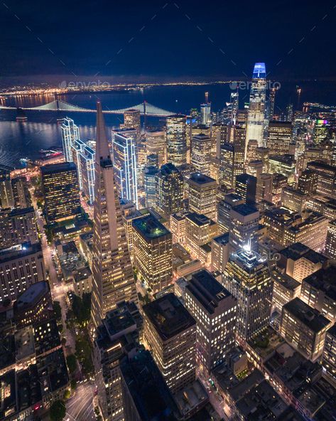 Aerial View of San Francisco Skyline at Night by heyengel. Aerial Cityscape View of San Francisco at Night, California, USA #Affiliate #Francisco, #Skyline, #San, #Aerial San Francisco Wallpaper, San Francisco At Night, Skyline At Night, Night Skyline, San Francisco City, San Francisco Travel, Night City, City Aesthetic, San Pedro