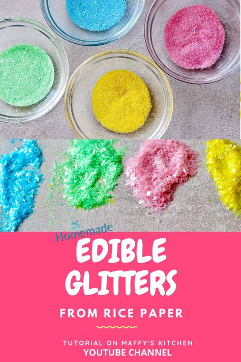 The easiest homemade diy edible glitter made with rice paper. Full tutorial on my YouTube channel (Maffy’s Kitchen). #diy #diyideas #edibleglitter #glitter #diyglitters #cakedecoratingtips #cakeideas Edible Cake Toppers Diy, Diy Edible Glitter, Make Edible Glitter, Edible Glitter Recipe, Cake Decorating Hacks, Homemade Sprinkles Recipe, Edible Glitter Sugar, Gelatin Cake, Homemade Sprinkles