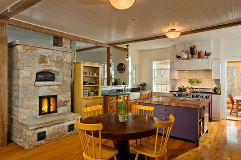 Kitchen Fireplace Kitchen Fireplaces, Kitchen With Fireplace, Masonry Heater, Kitchen New York, Farmhouse Style Living Room, Rustic Farmhouse Kitchen, Kitchen Fireplace, Fireplace Remodel, House Design Kitchen