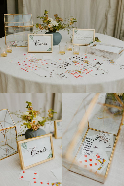 Playing cards used as a wedding guestbook Wedding Guest Book Table Set Up, Cute Wedding Guest Book Ideas, Playing Card Wedding Guest Book, Deck Of Cards Guest Book, Playing Card Guest Book, Unique Guest Book Ideas For Wedding, Game Guest Book, Playing Card Wedding, Wedding Entry Table