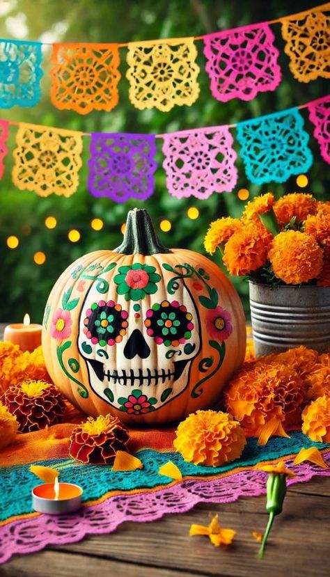 #pumpkincarving, #halloweenpumpkins, #pumpkinart, #halloweendecor, #spookypumpkins, #halloween2023, #creativehalloween, #pumpkindecor, #halloweeninspiration, #carvingideas Day Of The Dead Decor, Coco Halloween Decorations, Creative Pumpkin Decorating Ideas, Day Of The Dead Pumpkin, Mexican Board, Day Of The Dead Decorations, Dia De Los Muertos Party Ideas, Sugar Skull Pumpkin, Pumpkin Painted