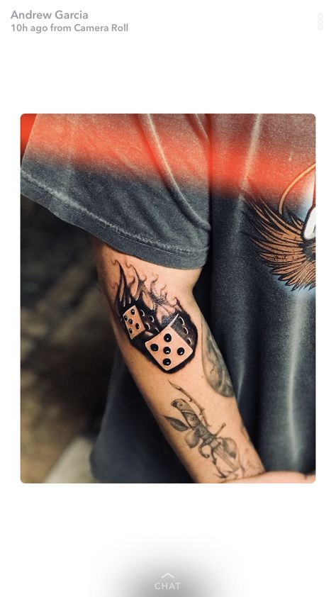 Dice Fire Tattoo, Card On Fire Tattoo, Dice Tattoo Men, Dice Tattoo Stencil, Flaming Dice Tattoo, Burning Candle Tattoo, Tattoo Flames, Lifeline Tattoos, Dice Tattoo