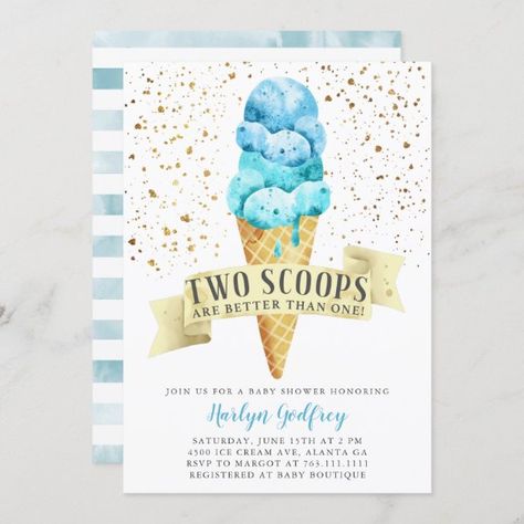 Two Scoops Twin Boys Ice Cream Baby Shower Invitation Twin Boy And Girl Baby Shower, Ice Cream Birthday Party Invitations, Cream Birthday Party, Twin Birthday Parties, Ice Cream Birthday Party, Ice Cream Theme, Girl Birthday Party Invitations, Twins 1st Birthdays, Twin First Birthday