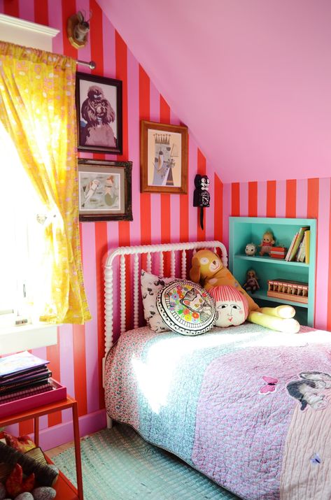 This Colorful San Francisco House Is Like a “Victorian on Acid” | Apartment Therapy Colorful Childrens Room, Wallpaper Upstairs, Bright Pink Bedroom, Colorful Toddler Room, Wes Anderson Movie, Eclectic Kids Room, Madonna Inn, Summer Room, Kids Rooms Inspo