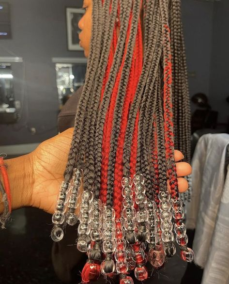 Red Peekaboo Box Braids With Beads, Red Peekaboo Braids With Beads, Red And Black Peekaboo Braids, Peekaboo Box Braids With Beads, Red Peekaboo Box Braids, Red Peekaboo Braids, Blonde Peekaboo Braids, Long Braids With Beads, Peekaboo Braids With Beads