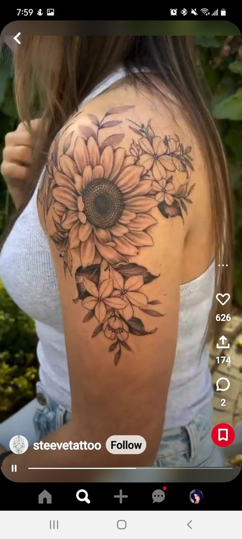 Tattoos Of Strength, Tree Tatoos, Cute Turtle Tattoo, Sunflower Tattoo Thigh, Motherhood Tattoos, Shoulder Cap Tattoo, Girl Shoulder Tattoos, Sunflower Tattoo Sleeve, Sunflower Tattoo Shoulder