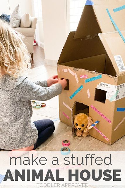 Toddler Approved!: Cardboard Stuffed Animal House for Kids Animals House Preschool, Homemade Stuffed Animals, House For Kids, Animal Day, Art Activities For Toddlers, Cardboard House, Animal Activities, Toddler Play, Toddler Art